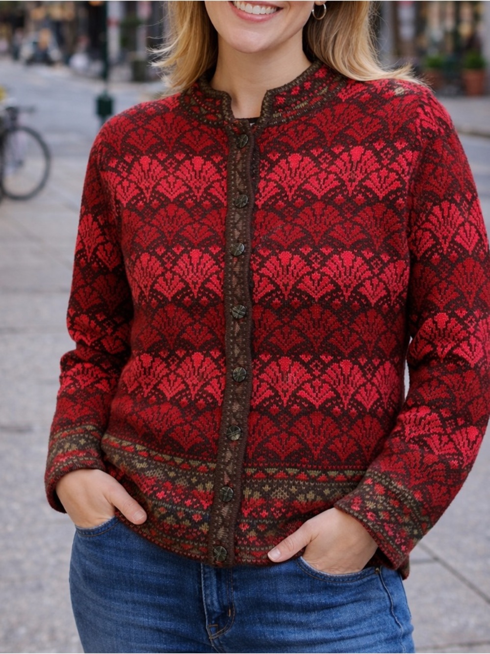 Vintage Nomadic Traders Red Patterned Cardigan Sweater Size Medium Nordic